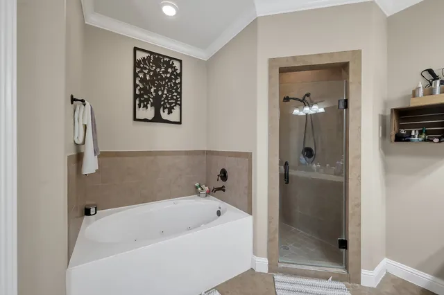 a bathroom with a bathtub and shower