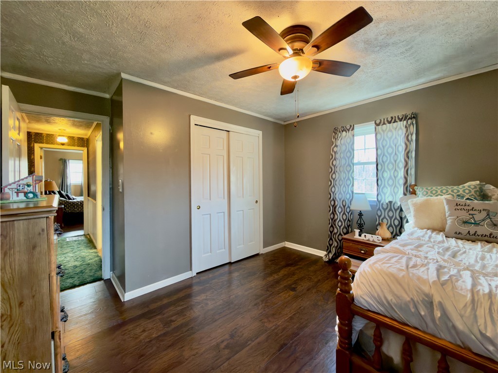 17377 Murphy Road Amesville, OH 45711 - Photo 25 of 43 Bedroom with dark wood finished floors, crown molding, a textured ceiling, a closet, and ceiling fan