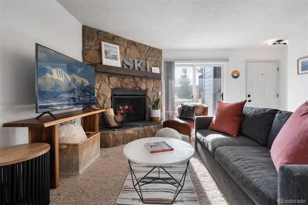 a living room with furniture a flat screen tv and a fireplace