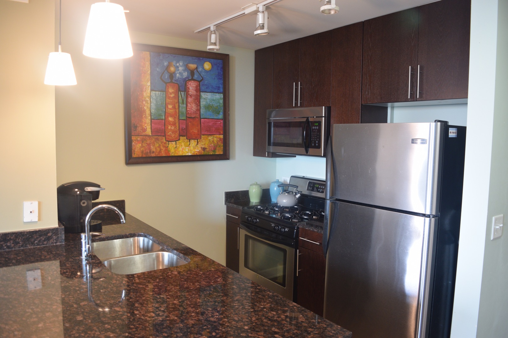 1400 South Michigan Avenue, Unit 2108 Chicago, IL 60605 - Photo 7 of 14 a kitchen with stainless steel appliances granite countertop a refrigerator a stove and a sink with wooden floor