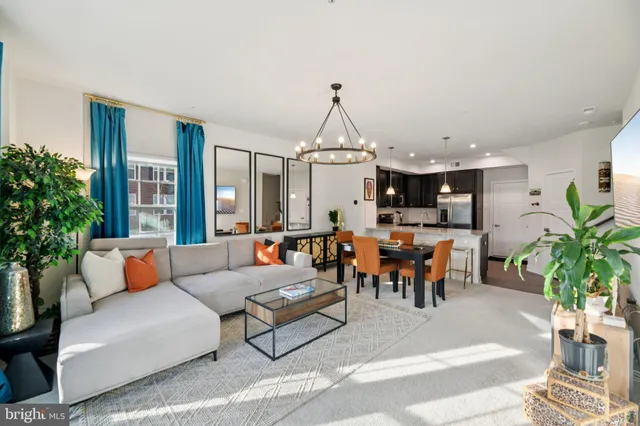 a living room with furniture kitchen view and a potted plant