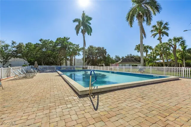 a view of a swimming pool with a chair and palm trees