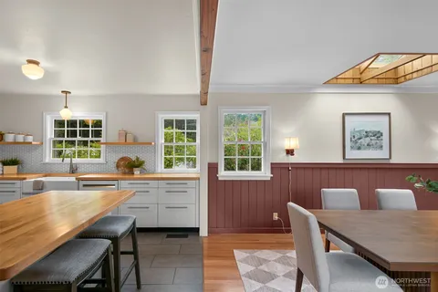 a dinning room with a table and chairs