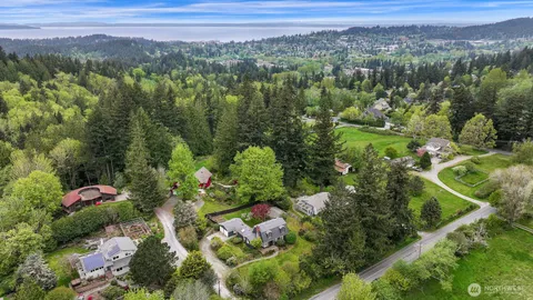 a view of a city with lush green forest