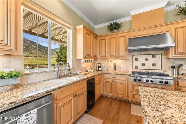 a kitchen with stainless steel appliances granite countertop a sink a stove and a refrigerator