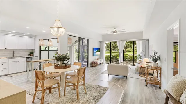 a view of a dining room with furniture window and outside view