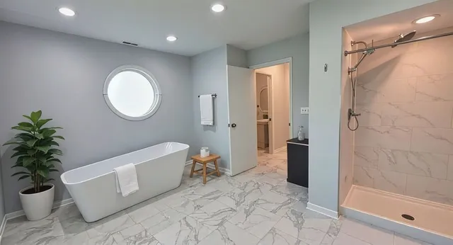 a bathroom with a tub and shower
