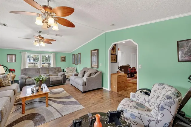 a living room with furniture ceiling fan and a rug