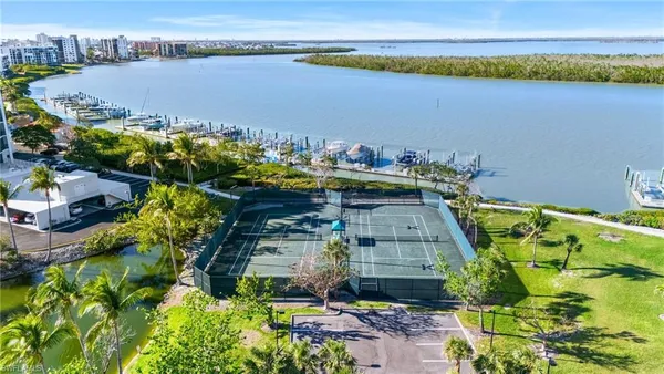 a view of a lake with a city