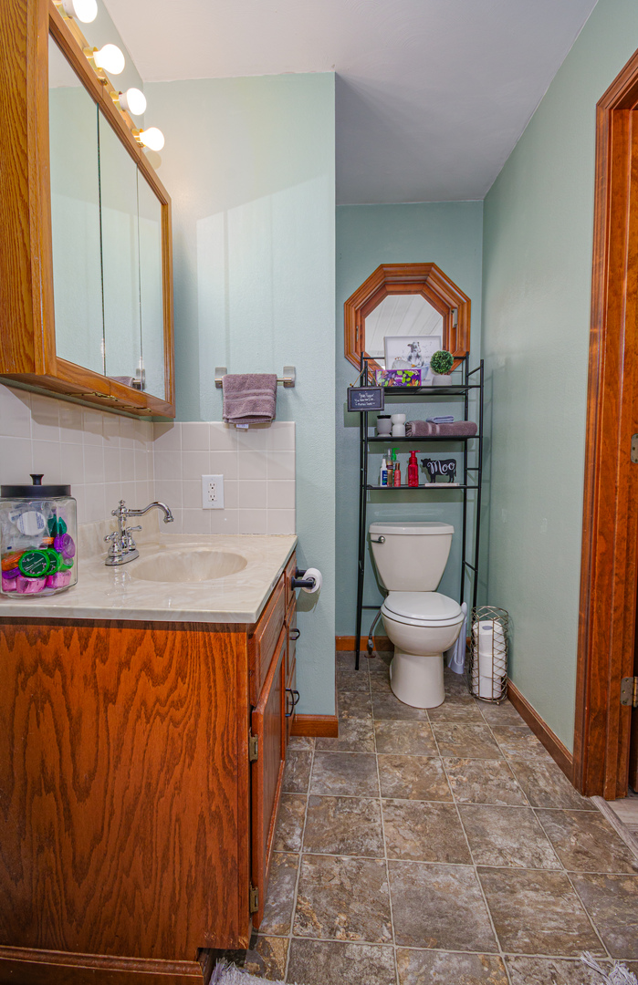 4786 Keller Road Iuka, IL 62849 - Photo 27 of 40 a bathroom with a granite countertop sink a toilet and a mirror