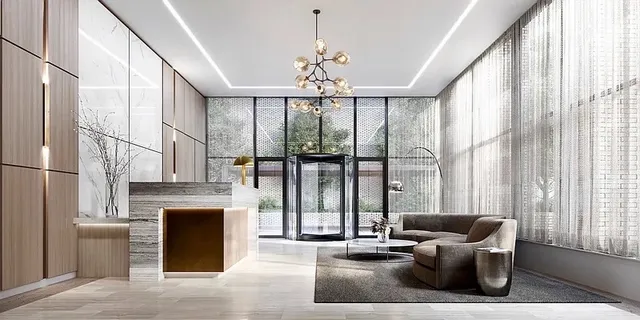 a living room with furniture a fireplace and large windows