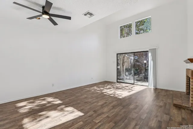 a room with a fireplace