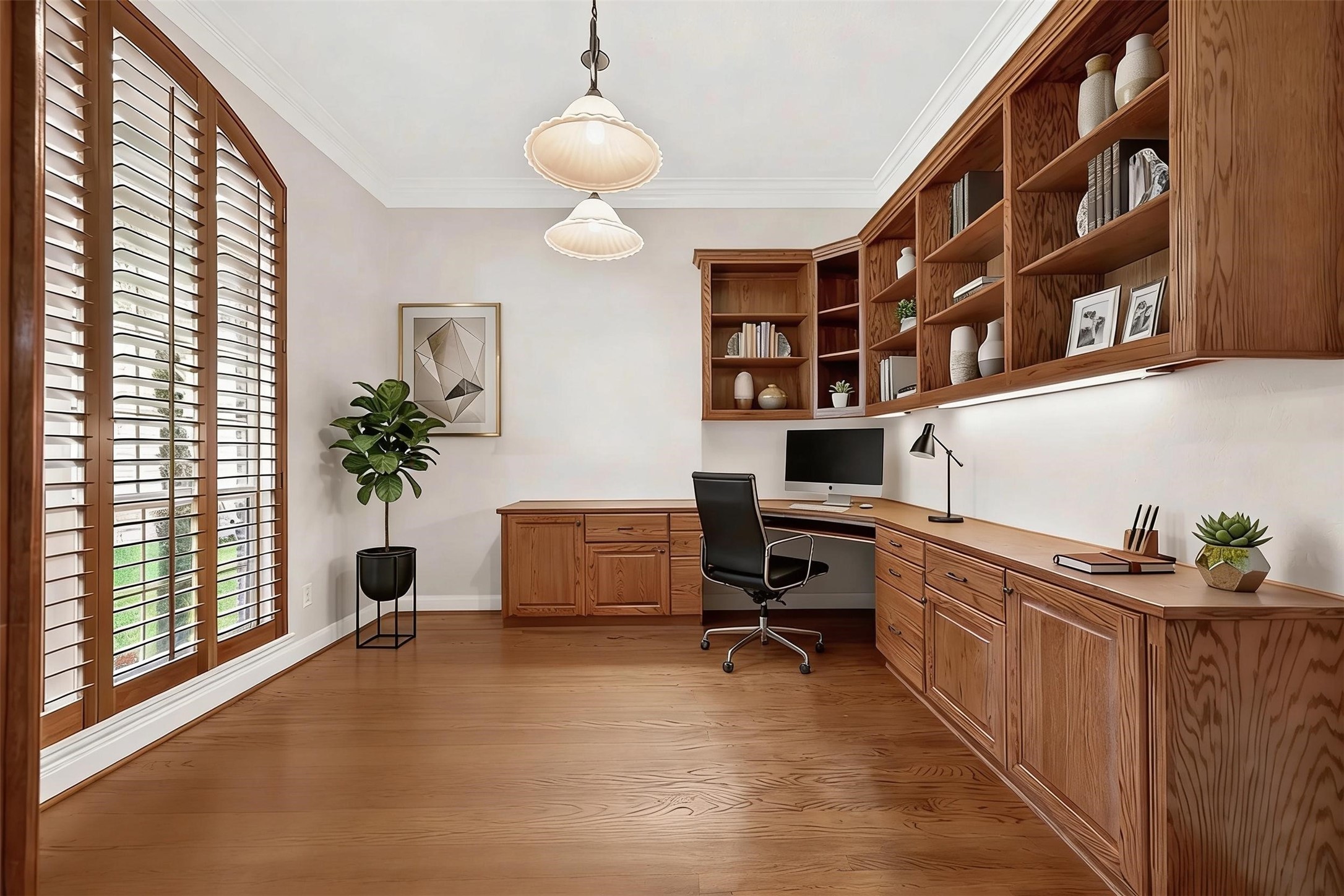 4203 Deforest Ridge Circle Katy, TX 77494 - Photo 7 of 50 To the left of the entry, you will find this beautifully appointed private study featuring extensive custom built-ins, hardwood floors, and elegant plantation shutters that fill the space with natural light (virtually staged)