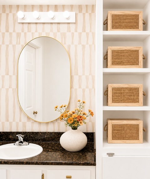 2529 Rio Grande Street, Unit 78 Austin, TX 78705 - Photo 11 of 14 A well-lit vanity with a stylish mirror and convenient open shelving.