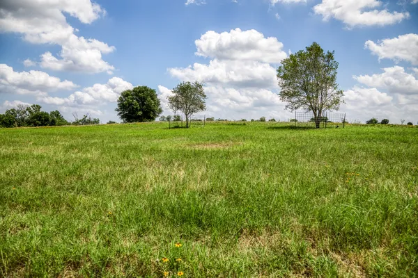 a view of a green field with wooden fence