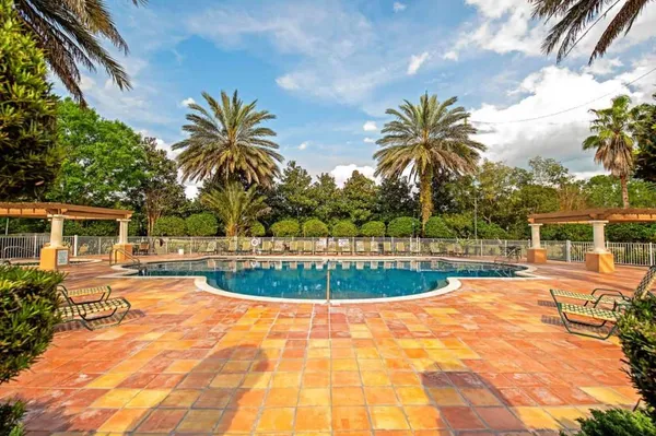a view of a swimming pool with a patio and plants