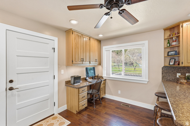 2420 West Old Hwy Road Morgan, UT 84050 - Photo 11 of 54 Office with built in study area, a ceiling fan, dark wood-type flooring, and recessed lighting