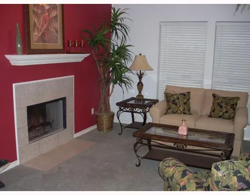 a living room with furniture a fireplace and a potted plant