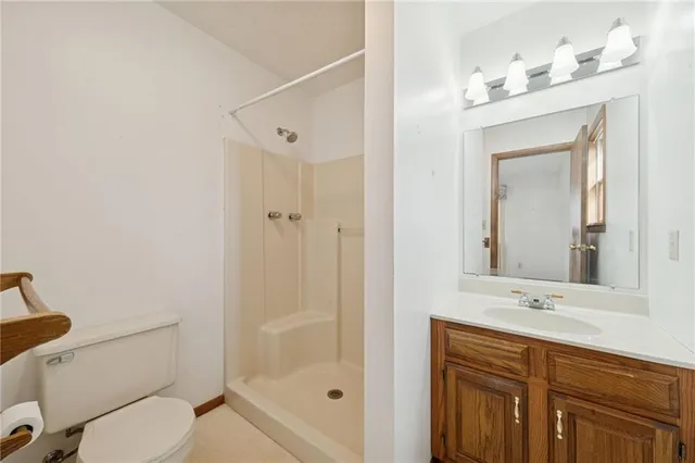 a bathroom with a bathtub shower sink mirror vanity and toilet