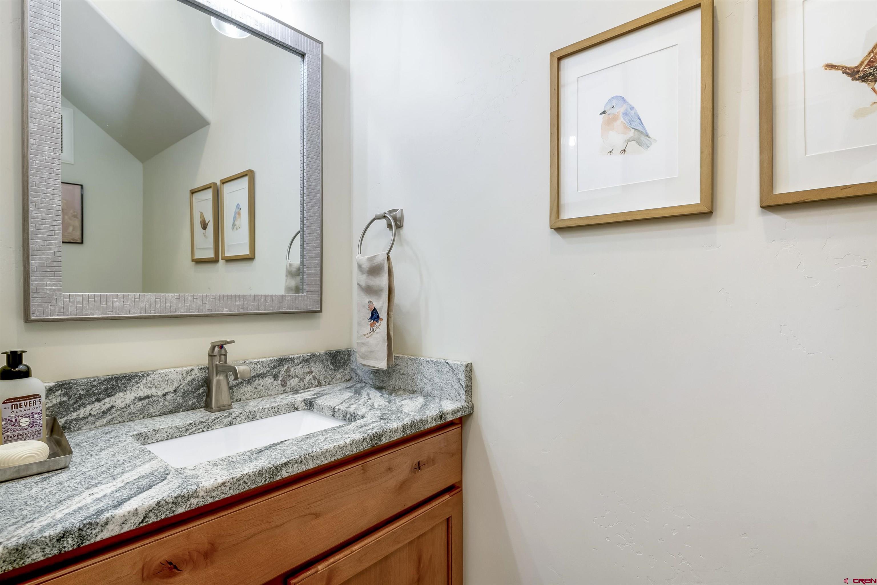 48 Elk Valley Road, Unit B Crested Butte, CO 81224 - Photo 19 of 34 a bathroom with a granite countertop sink and a mirror