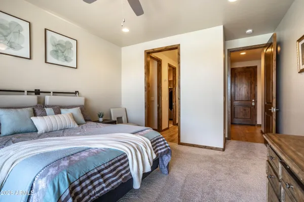 a bedroom with a bed and a walk in closet