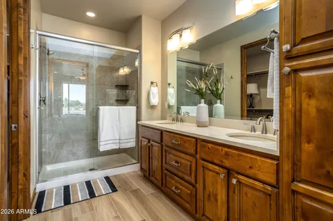 a bathroom with a sink a mirror and a shower