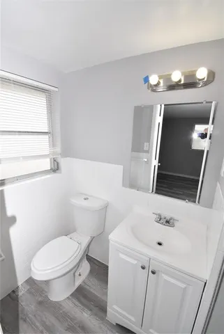 a bathroom with a sink a toilet a mirror and vanity