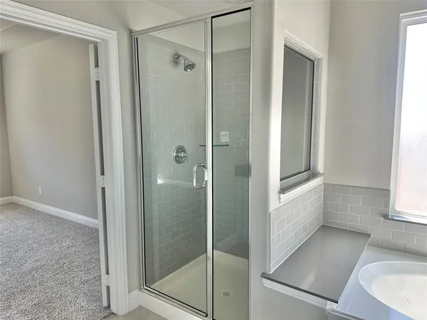 a bathroom with a shower and a sink
