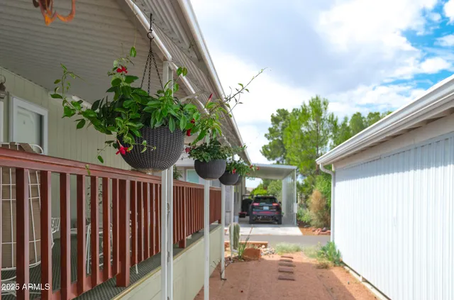 a porch with seating space