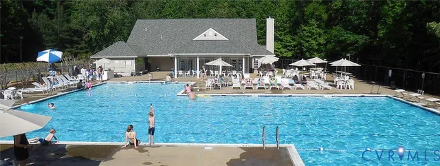 a view of a backyard with swimming pool