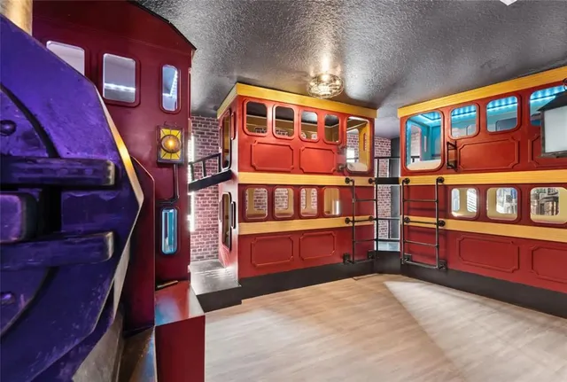 a front view of a building with a bench