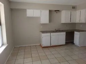 a kitchen with a sink a stove and cabinets