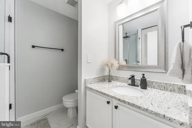 a bathroom with a granite countertop sink toilet and mirror