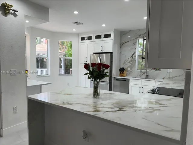 a view of a bench in a garden