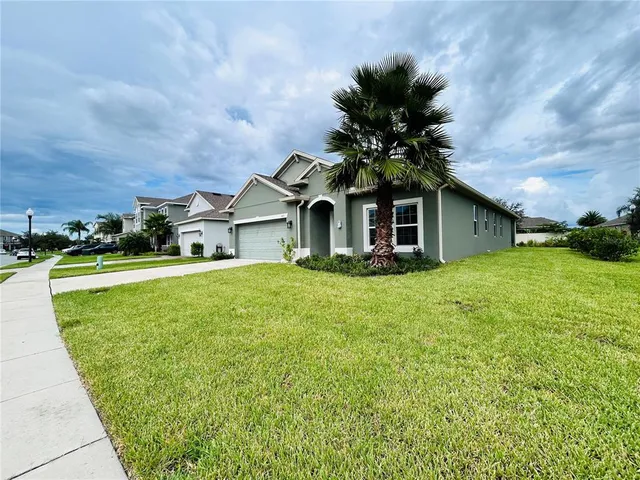 a front view of house with yard and green space