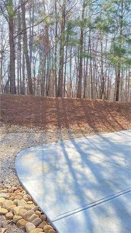 a view of a yard with large trees