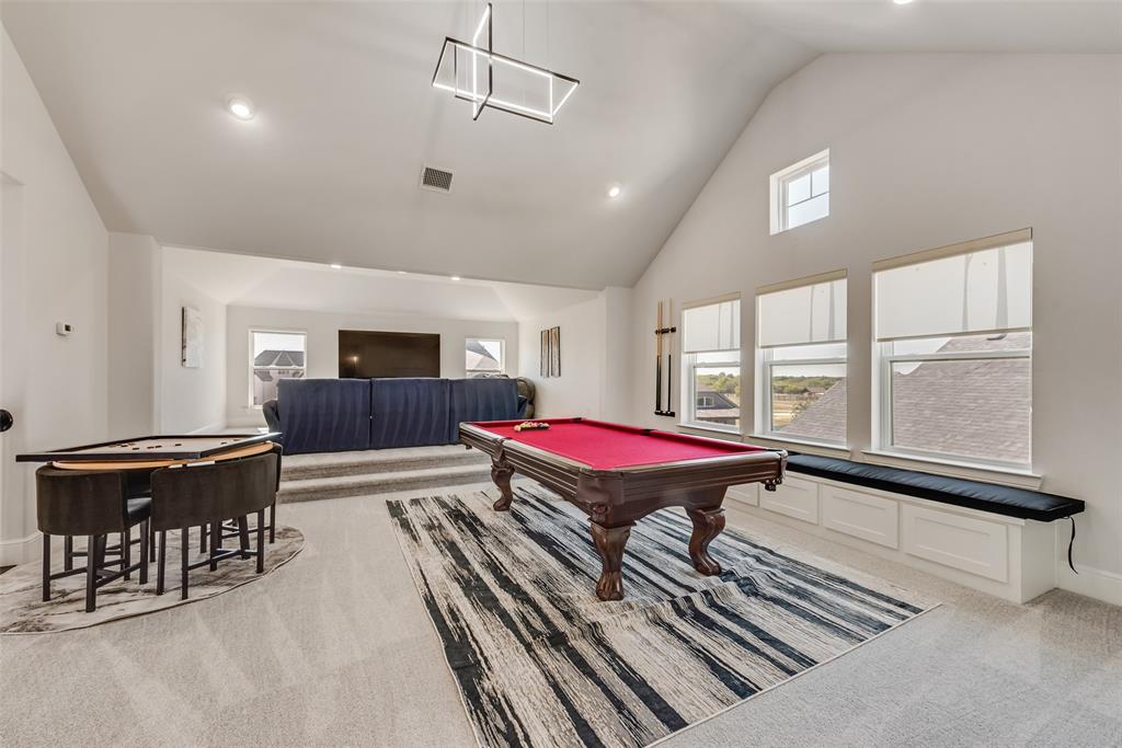 2341 Haft River Road Frisco, TX 75034 - Photo 18 of 36 Rec room featuring high vaulted ceiling, billiards, light colored carpet, and recessed lighting