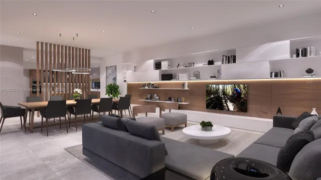 a living room with furniture and a dining table with wooden floor