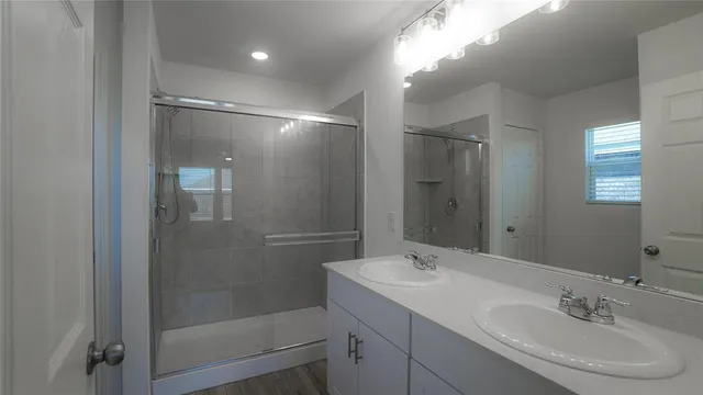 a bathroom with a sink shower and a mirror