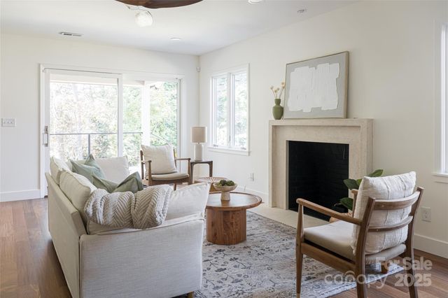 a living room with furniture potted plant and a fireplace