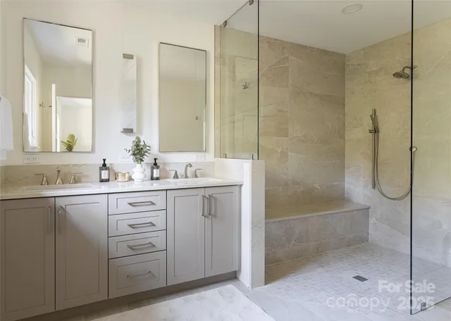 a bathroom with a shower sink and mirror