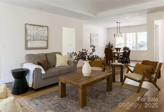 a living room with furniture potted plant and window