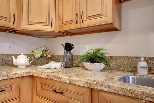 a kitchen with granite countertop a sink and potted plant