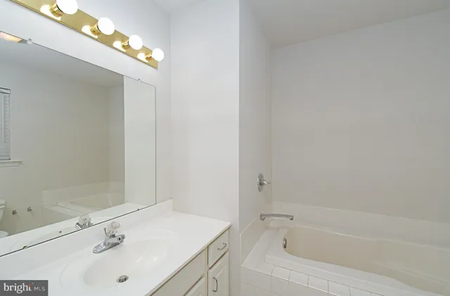 a bathroom with a tub sink and mirror