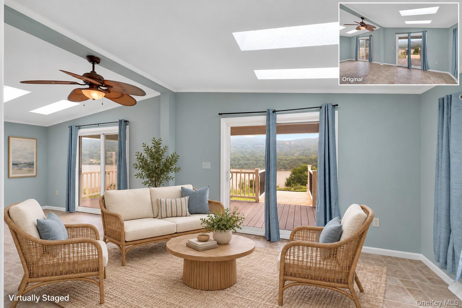 9 Rivercrest Road, Unit 15 Fort Montgomery, NY 10922 - Photo 9 of 45 Vaulted ceilings featuring multiple skylights, overhead ceiling fan with lighting, and direct access to an exterior deck through sliding glass doors