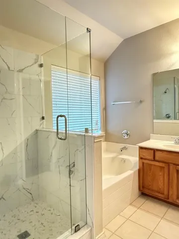 a bathroom with a tub sink and mirror