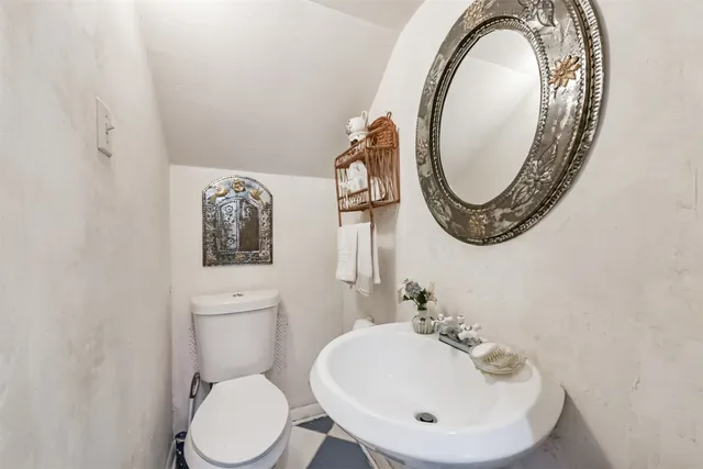 a bathroom with a toilet a sink and a mirror