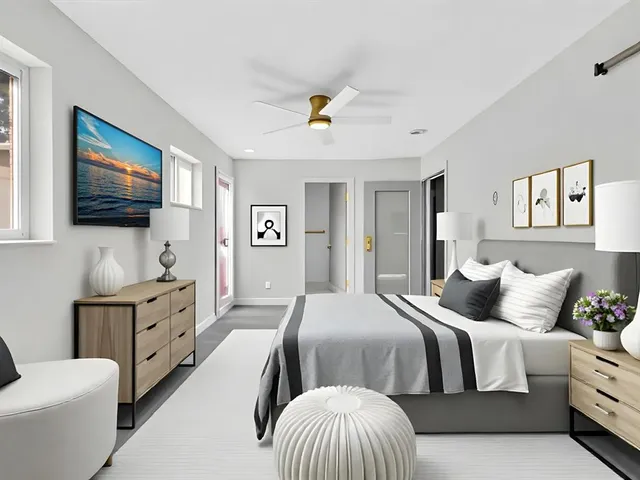 an aerial view of a house with a garden