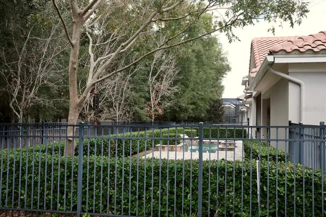 a view of a small yard and large trees