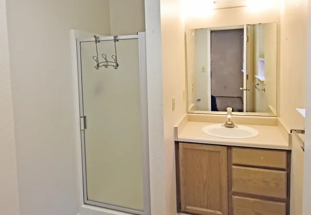 a bathroom with a sink and mirror